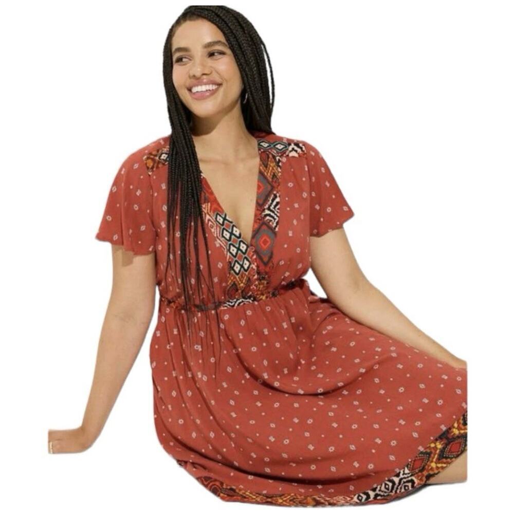 Torrid NWT Mini Challis Boarder Skater Dress Size 3X V-Neck Pockets Boho Tribal - Picture 2 of 16